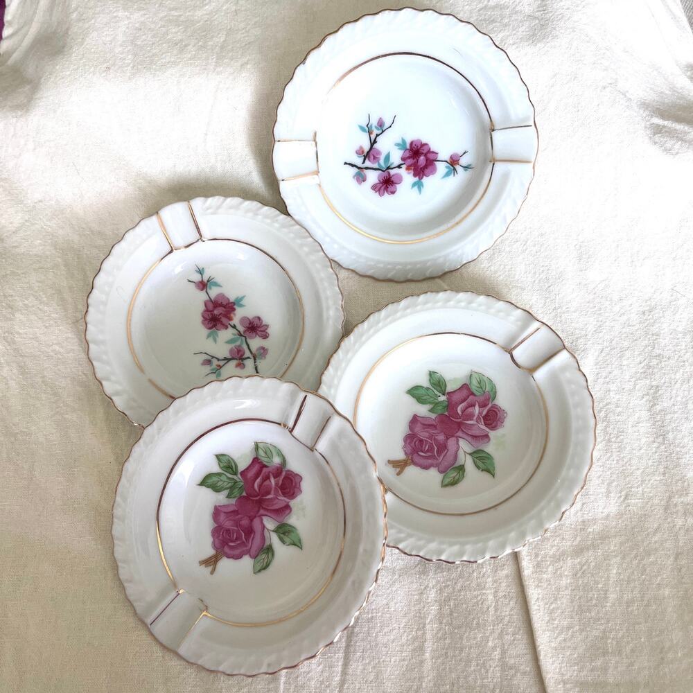 Lot of 4 VTG Porcelain Personal Ashtray Trinket Dish Pink Florals Scalloped Edge